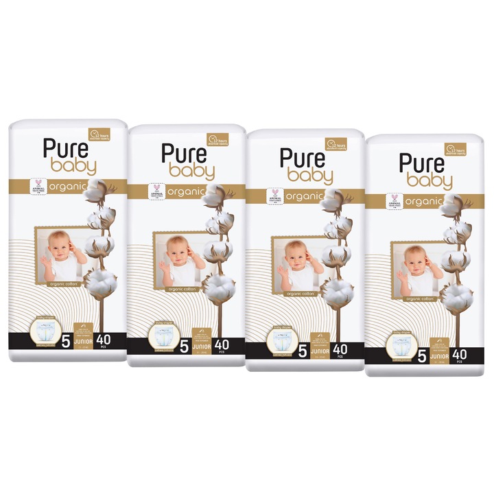 Set 4 pachete scutece Pure Baby bumbac organic, nr. 5 (11-20kg), 40 buc