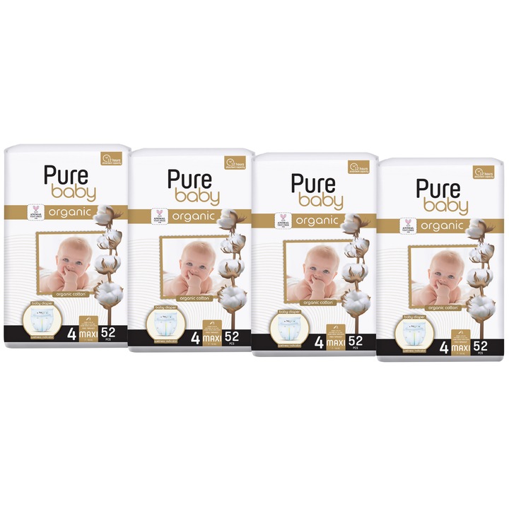 Set 4 pachete scutece Pure Baby bumbac organic, nr. 4 (7-16kg), 52 buc