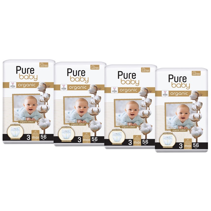 Set 4 pachete scutece Pure Baby bumbac organic, nr. 3 (4-10kg), 56 buc