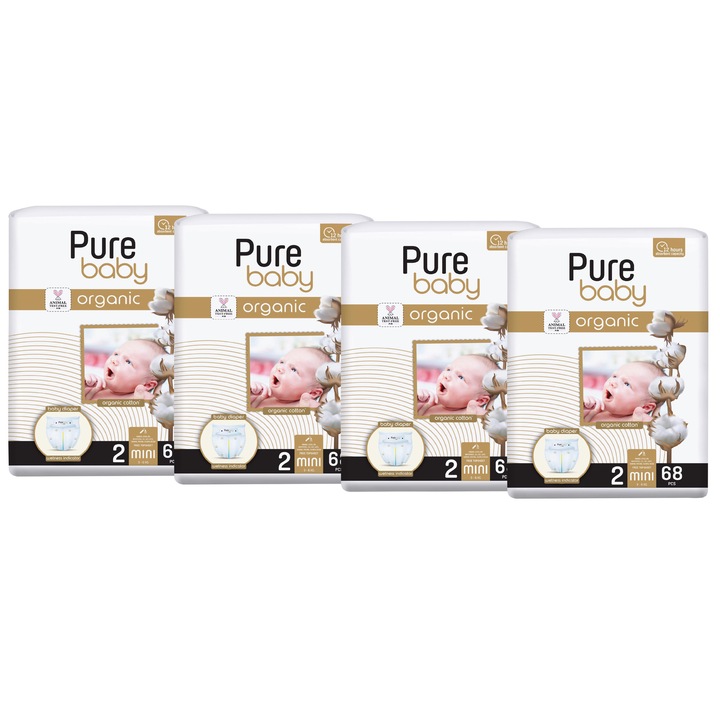 Set 4 pachete scutece Pure Baby bumbac organic, nr. 2 (3-6kg), 68 buc