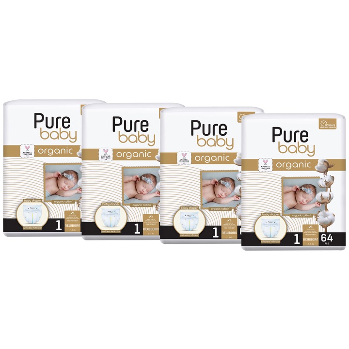 Set 4 pachete scutece Pure Baby bumbac organic, nr. 1 (2-5kg), 64 buc