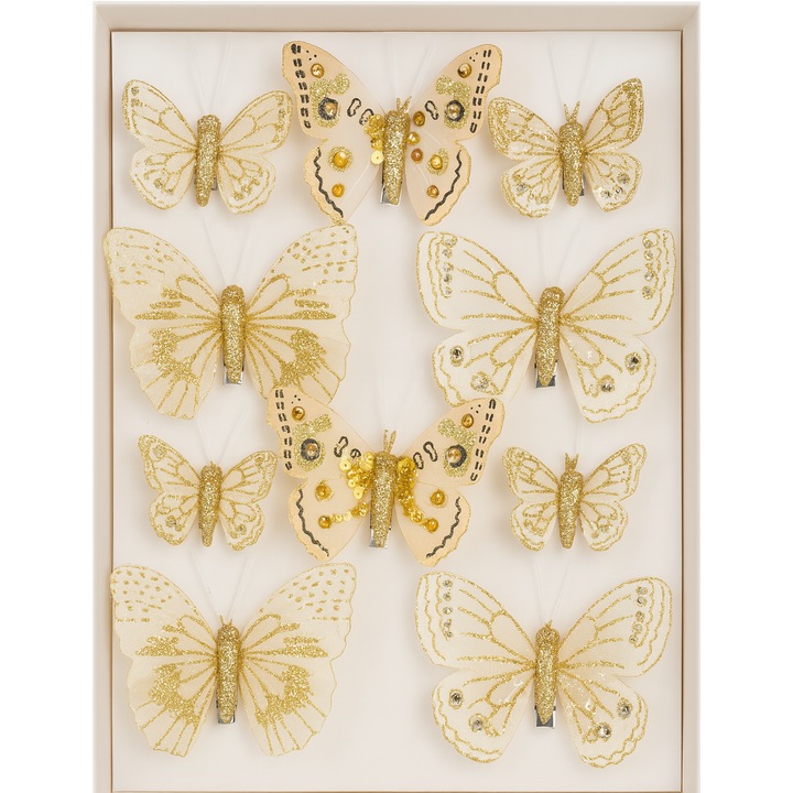 Set 10 fluturi decorativi 3D, cu clips, pentru utilizare multipla, decoratiuni, arcade, aranjamente, Auriu