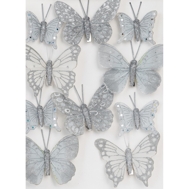 Set 10 fluturi decorativi 3D, cu clips, pentru utilizare multipla, decoratiuni, arcade, aranjamente, Argintiu