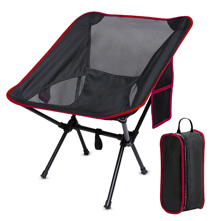 Преносим къмпинг стол, Леченг, сгъваем, алуминий, черен и червен, включва калъф, лесен за транспортиране
