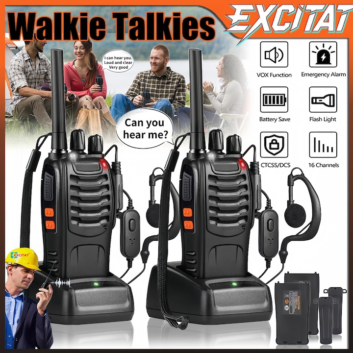 Set 2x statii radio portabile BF-888S, Excitat®, Walkie Talkie, Raza de comunicatie pana la 5 km, 16 canale in ambele directii, Programabil, Baterie Li-Ion 1500 mAh, USB, Accesorii incluse, Jack 2.5 mm, Lanterna, Usor de utilizat, Negru