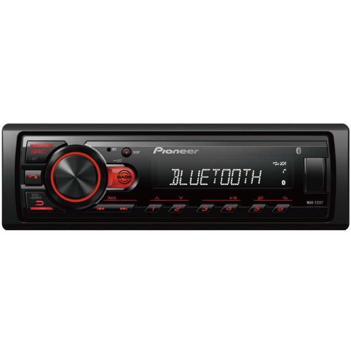 Radio MP3 auto Pioneer MVH-230BT, 1DIN, Bluetooth, 4x50W, USB, Red, Display Alb
