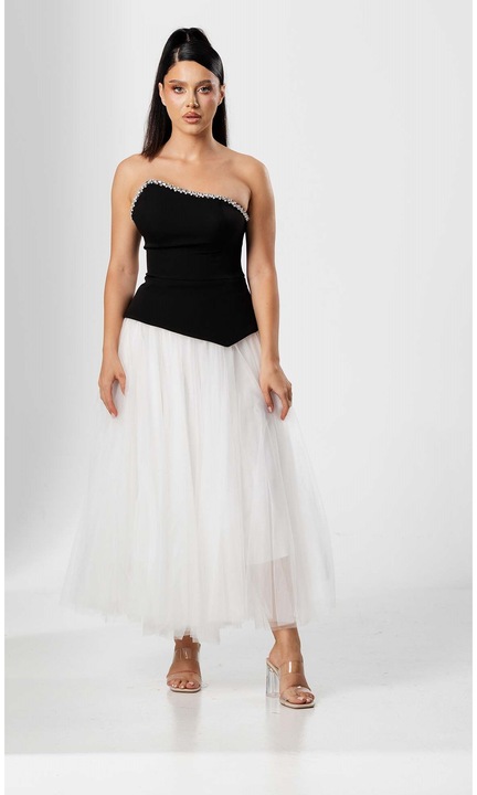 Compleu CLEO, elegant, cu bustiera asimetrica si fusta din tull, Alb/Negru