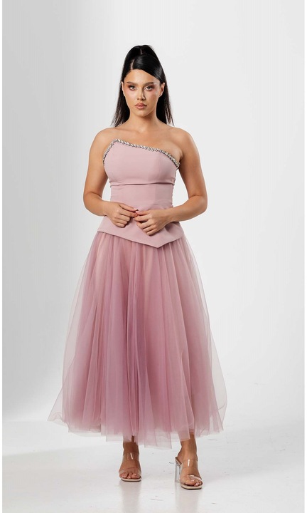 Compleu CLEO, elegant, cu bustiera asimetrica si fusta din tull, Roz pudrat