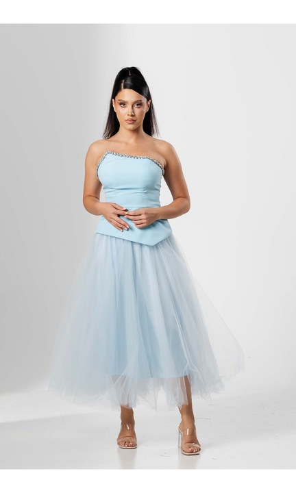 Compleu CLEO, elegant, cu bustiera asimetrica si fusta din tull, Albastru deschis