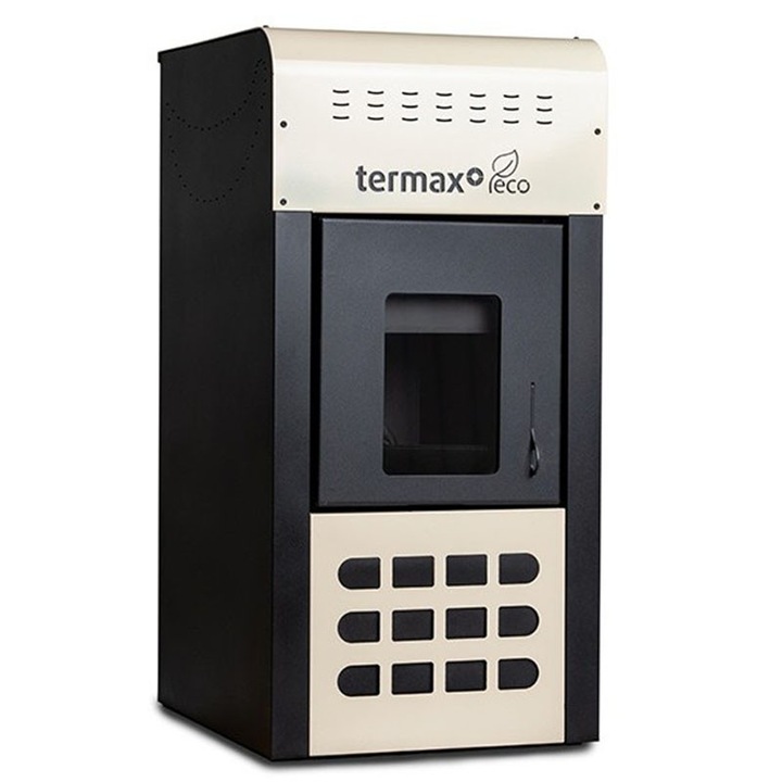 Termosemineu pe peleti Termax Kamin ECO, 25 kW, 160 mp, buncar peleti 45 kg, volum apa 42 litri, diametru cos fum ⌀80 mm, vas expansiune si pompa recirculare incluse, Crem
