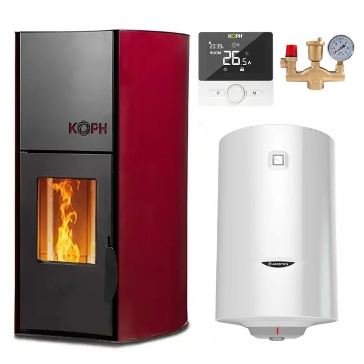Pachet termosemineu pe peleti KOPH PM 18 kW, 120 mp, buncar 15 kg, cos fum Ø80 mm, cu pompa si vas, Boiler termoelectric 100 L, Grup siguranta, Termostat inteligent KOPH WT-25
