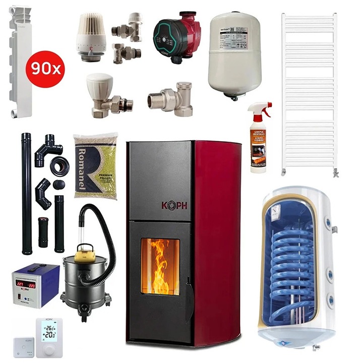 Pachet termosemineu cu peleti KOPH PM 25 kW Fiama, 170 mp, buncar peleti 25 kg, diametru cos fum ⌀80 mm, Boiler Termoelectric 120 litri, Elementi Aluminiu + Accesorii Montaj