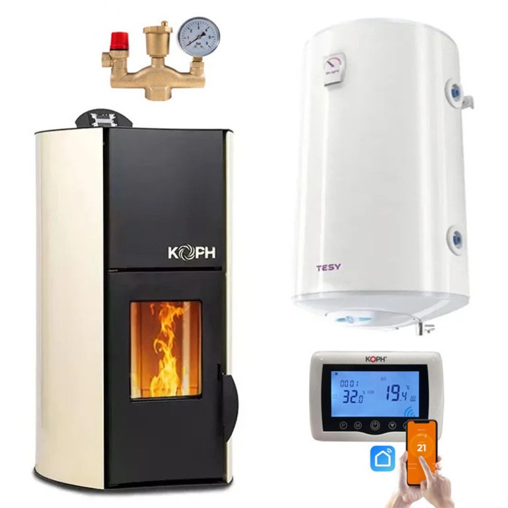 Pachet termosemineu cu peleti KOPH PM 25 kW Fiama, 170 mp, buncar peleti 25 kg, diametru cos fum ⌀80 mm, Boiler Termoelectric 100 litri, Termostat inteligent, Grup de siguranta