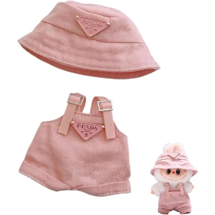 Labubu ruha szett, sapka és overál szett, 8 hüvelykes kiegészítő szett, egyedi stílus létrehozása (rózsaszín) szett