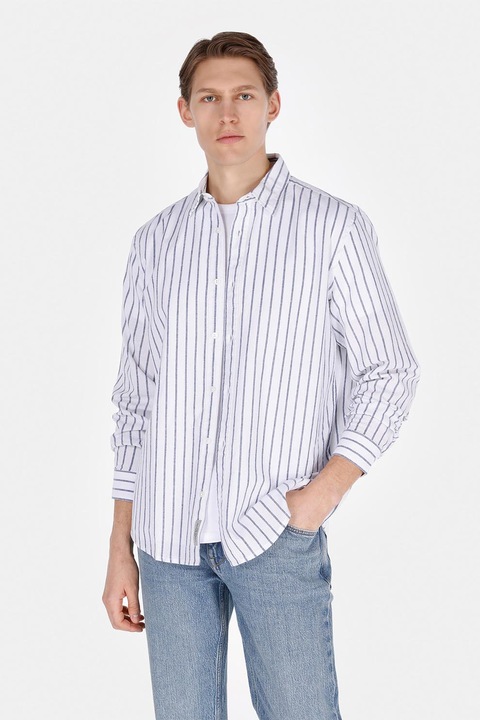 COLIN'S, Camasa din amestec de in cu model in dungi, Alb/Albastru azur