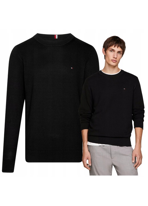 Férfi pulóver, Tommy Hilfiger, pamut, hosszú, záródás nélküli, normál szabású, fekete, Fekete