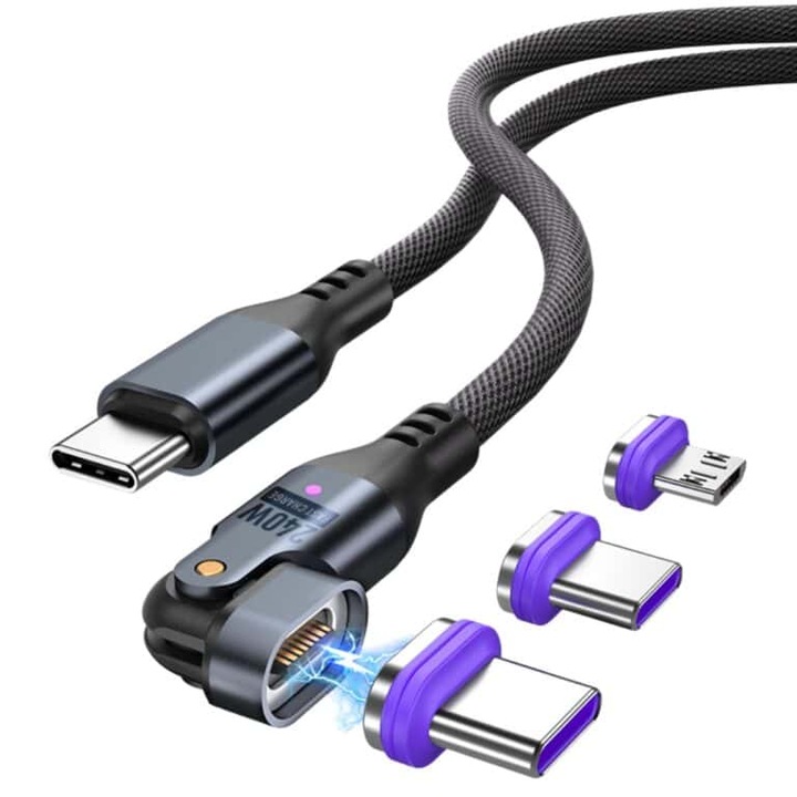 SlimWin USB-C магнитен 3 в 1 240W 16-пинов кабел за бързо зареждане и данни, огъваем на 180°, дължина 1 метър