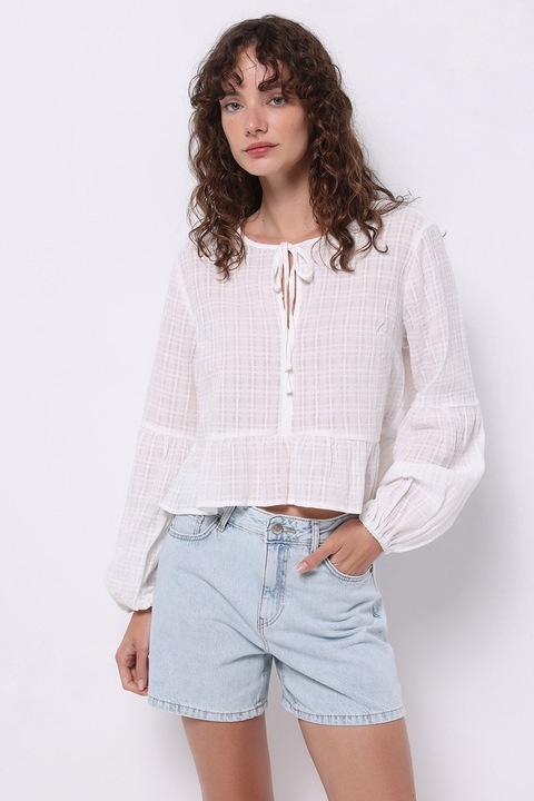 COLIN'S, Bluza de bumbac semitransparenta cu terminatie cu volan, Galben/Alb murdar