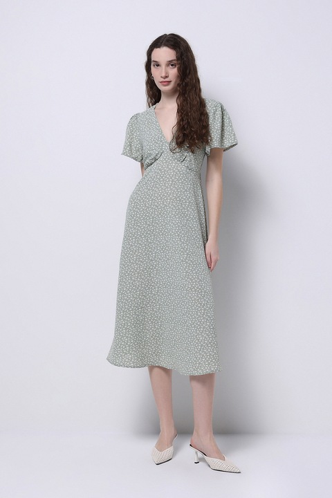 COLIN'S, Rochie midi cu decolteu in V si maneci cu volane, Alb/Verde pal