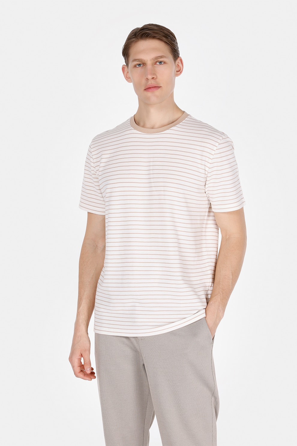 COLIN'S, Tricou cu decolteu la baza gatului si model in dungi, Alb, Caramel, M