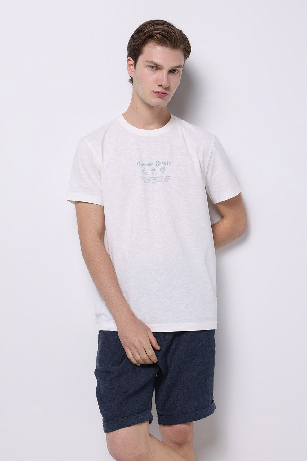 COLIN'S, Tricou din bumbac cu decolteu la baza gatului, Alb melanj, Albastru, M