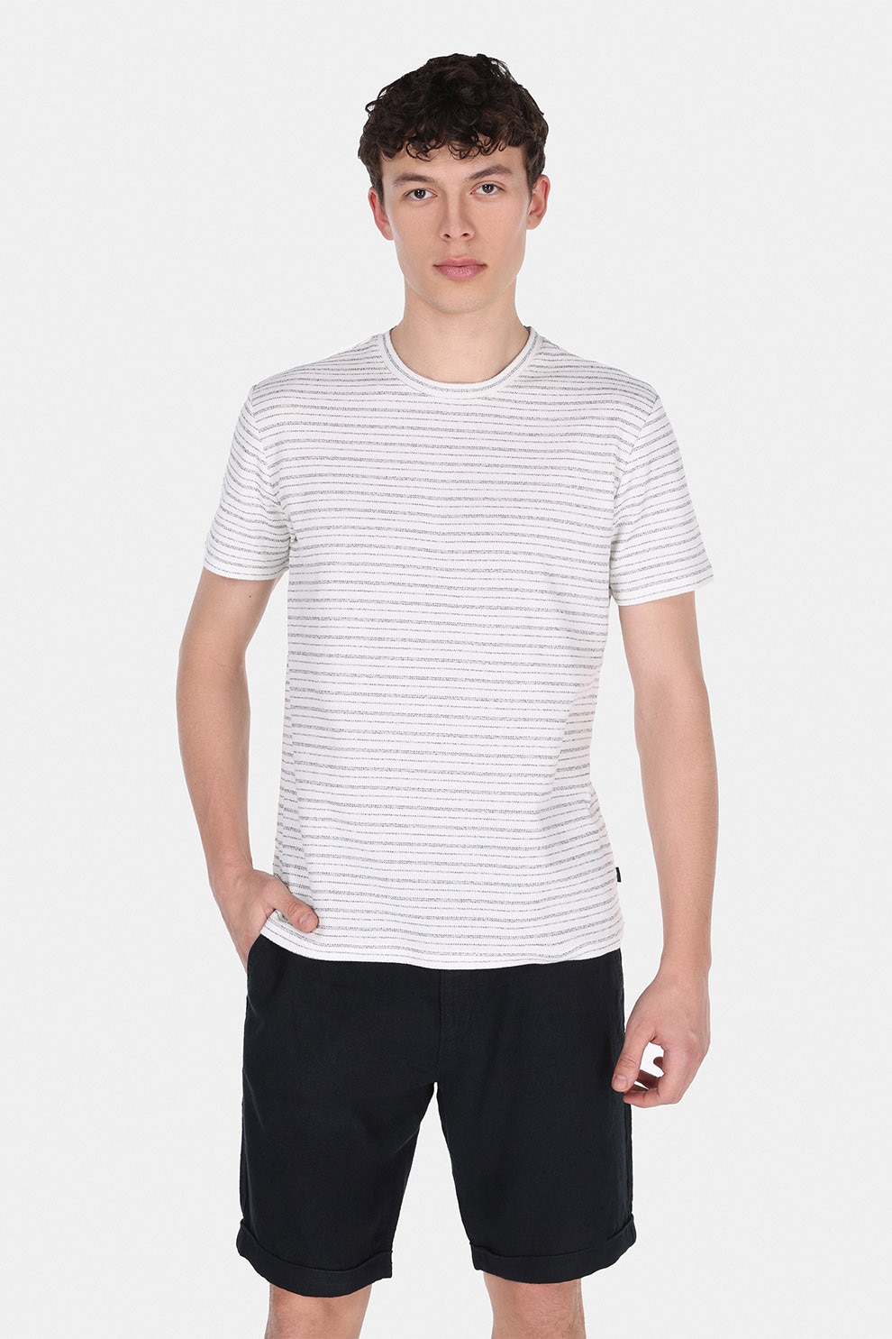 COLIN'S, Tricou cu decolteu la baza gatului si model in dungi, Alb, Negru stins, M