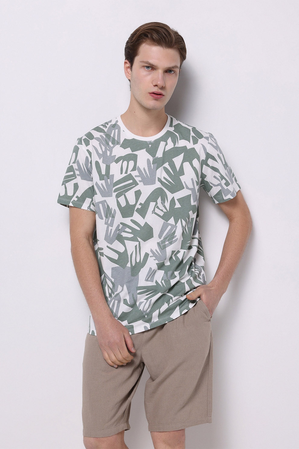 COLIN'S, Tricou din bumbac cu model, Verde, Alb murdar, L