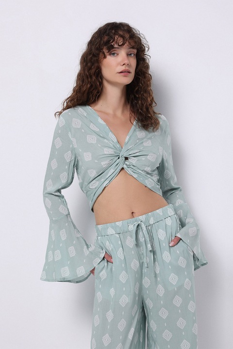 COLIN'S, Bluza cu maneci clopot si model, Verde deschis/Alb murdar