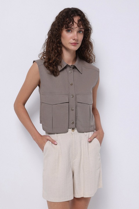 COLIN'S, Camasa din amestec de in cu buzunare supradimensionate, fara maneci, Maro taupe