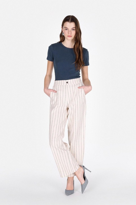 COLIN'S, Pantaloni din amestec de in cu model in dungi, Crem/Bleumarin, S