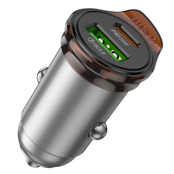 Hoco NZ16A autós adapter, C típusú és USB, gyorstöltés 43W, szürke
