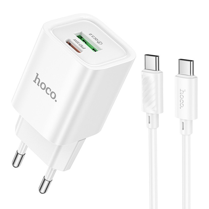 Set Adaptor HOCO C149A si Cablu Type-C, Compatibil iPhone 15/16 si Android, Incarcare rapida 30W, Alb