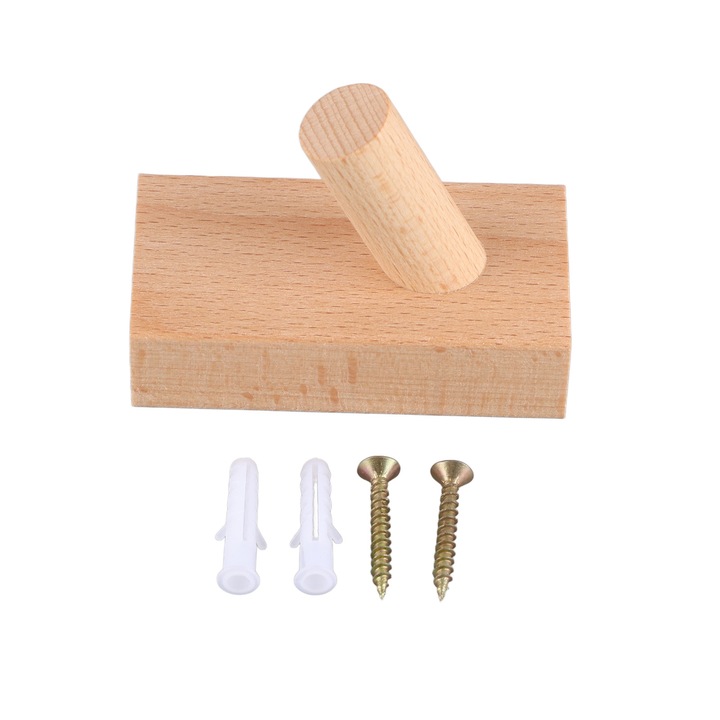 Cuier de perete din lemn HERUSI vintage natural, 1 carlig, 10x5cm