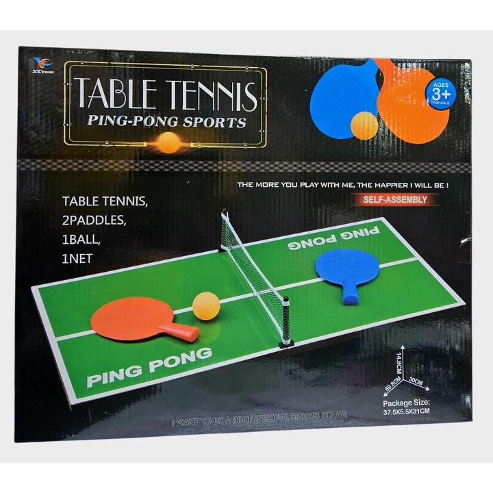 Joc de masa lemn Ping-pong, masa lemn 60×30×15 cm, paletele si mingea plastic