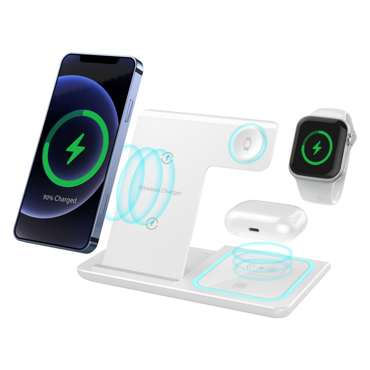 Incarcator Wireless 3 in 1 Incarcare Rapida 15W pentru iPhone Samsung Huawei Incarcare Apple Watch & AirPods - Alb