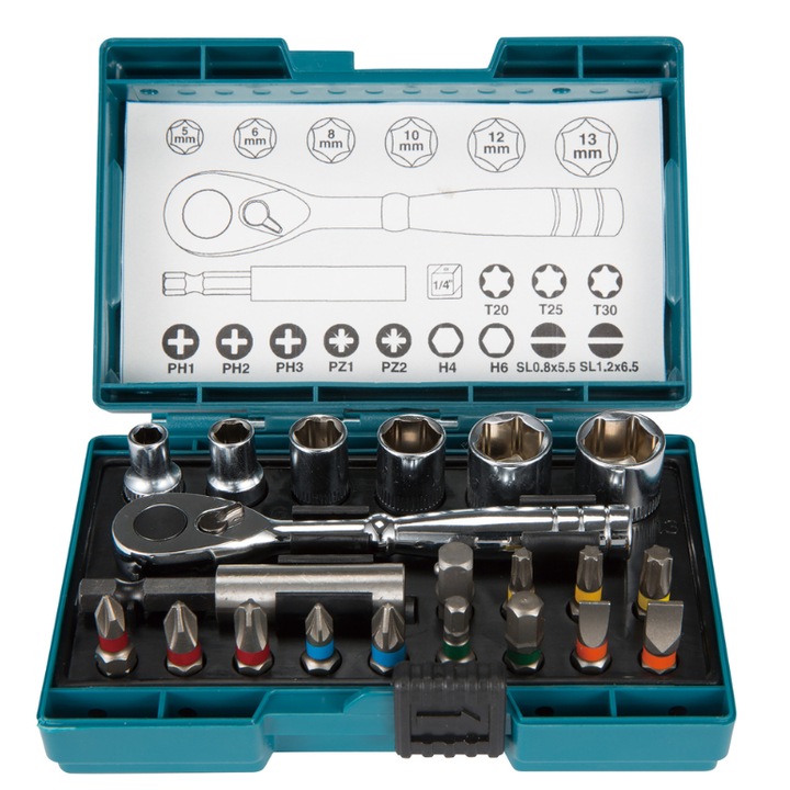 Cheie clichet cu biti/tubulare Makita B-54081, 21 piese