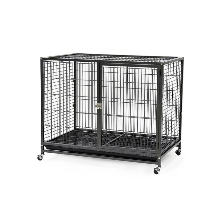 Cusca metalica pliabila pentru caini, Cu roti pivotante, Tava detasabila, Usi duble si structura robusta din metal galvanizat, 95 x 57 x 86 cm