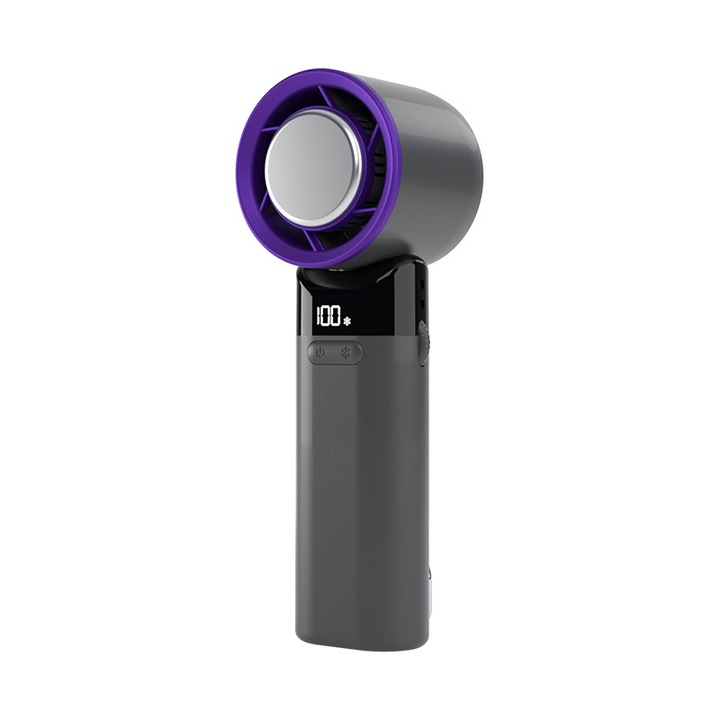 Ventilator ultraportabil, afisaj digital LED, functie de racire cu gheata, 100 de setari de viteza, cu suport, 3000 mAh, Gri inchis