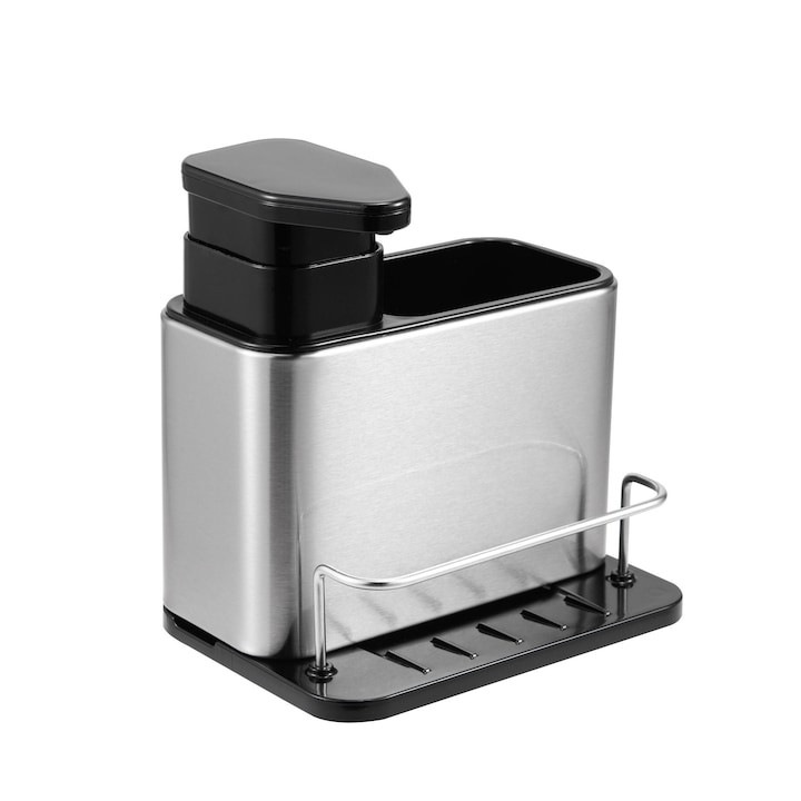 Konyhai mosogató szervező, rozsdamentes acélból, folyékony szappan adagolóval és szivacstartóval, 300 ml űrtartalommal, ezüst/fekete