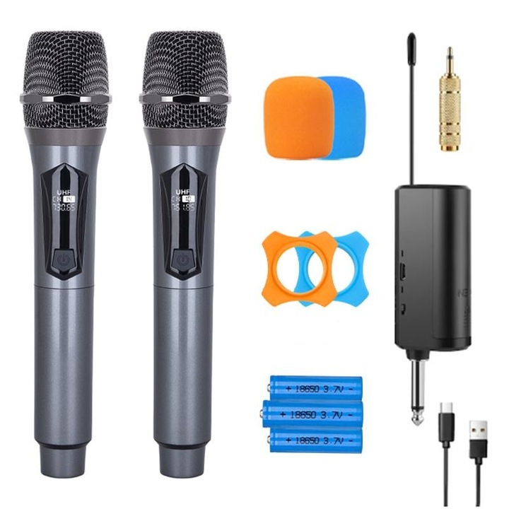 Professzionális vezeték nélküli mikrofon szett, Zoun, 2 darab, 2.4G, egy a kettőhöz, plug-and-play, Type-C töltőport, zajcsökkentés, karaoke, konferenciák, rendezvények számára, ezüst színű