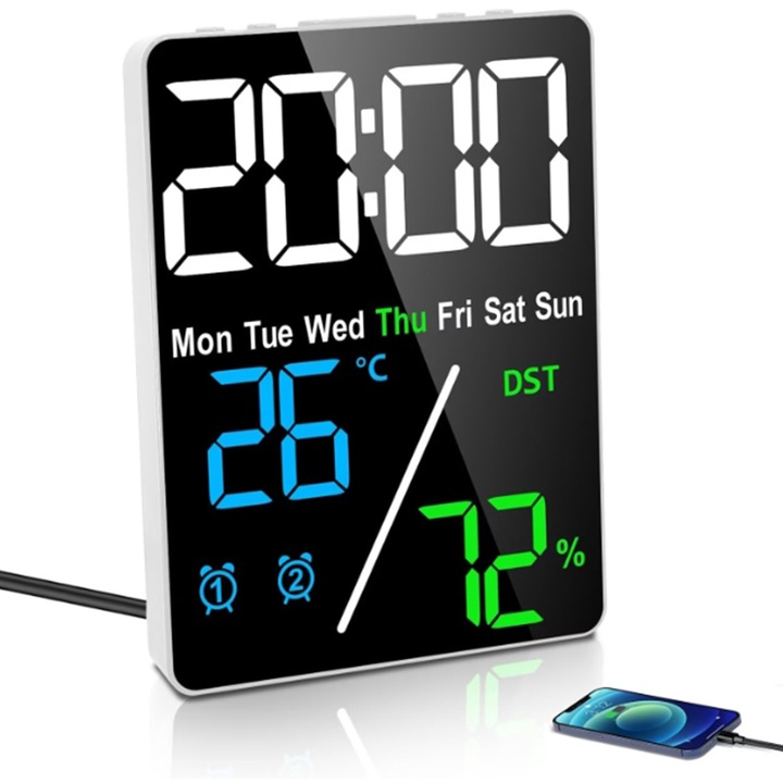 Ceas electronic multifunctional, ZOUN, afisare data, afisare temperatura/umiditate, 4 setari de luminozitate, 12/24 ore, alarma, port de incarcare USB, 5 inci, senzor de lumina automat, albastru
