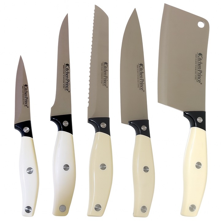 Set 8 piese cutite inox, cu suport lemn, foarfeca, manere antialunecare, Negru/Alb