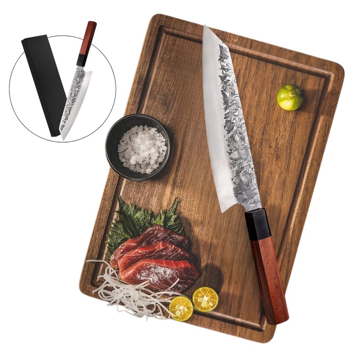 Cutit Profesional Japonez de Bucatar Salestore.ro®, pentru Sushi, Feliere si Taiere Manuala, Lama ultra-ascutita Otel inoxidabil 20 cm Duritatea 56-58 HRC, Rezistent la coroziune, 34 cm, Maner ergonomic Lemn