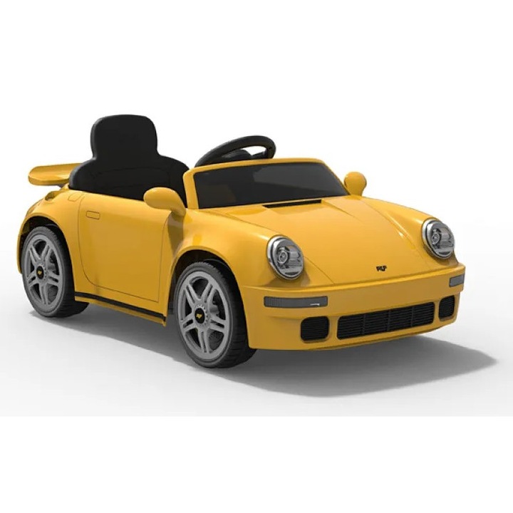 Masinuta electrica pentru copii cu licenta Porsche RUF CTR Galben echipare premium, telecomanda 2,4G,2 motoarex45w, roti EVA, scaun din piele, suspensii, sistem troller, bluetooth, display baterie, usi cu deschidere, lumini LED, muzica