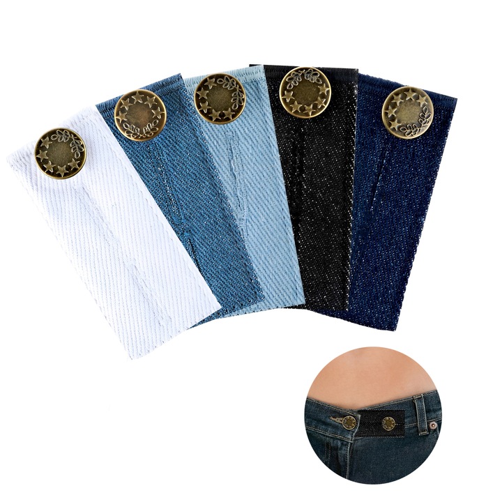 Set de 5 extensii pentru nasturi, ajustabile, unisex, prietenoase cu maternitatea, stil vintage, bumbac, multicolor