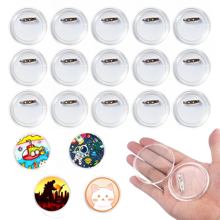 Set de 15 insigne acrilice transparente, 44mm, cu ace de siguranta