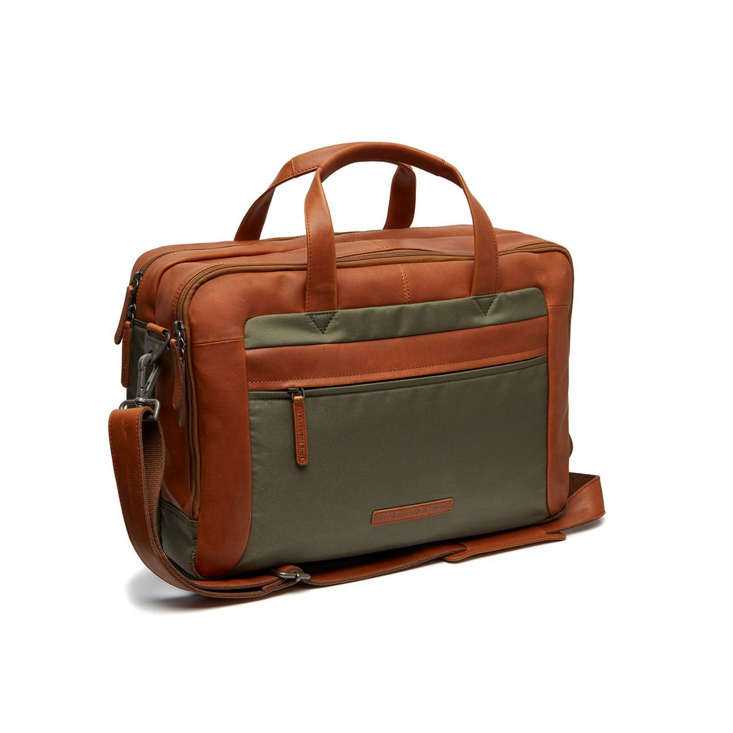 Geanta pentru laptop de 17 inch, din piele naturala si nylon, The Chesterfield Brand, Nivano, Verde olive