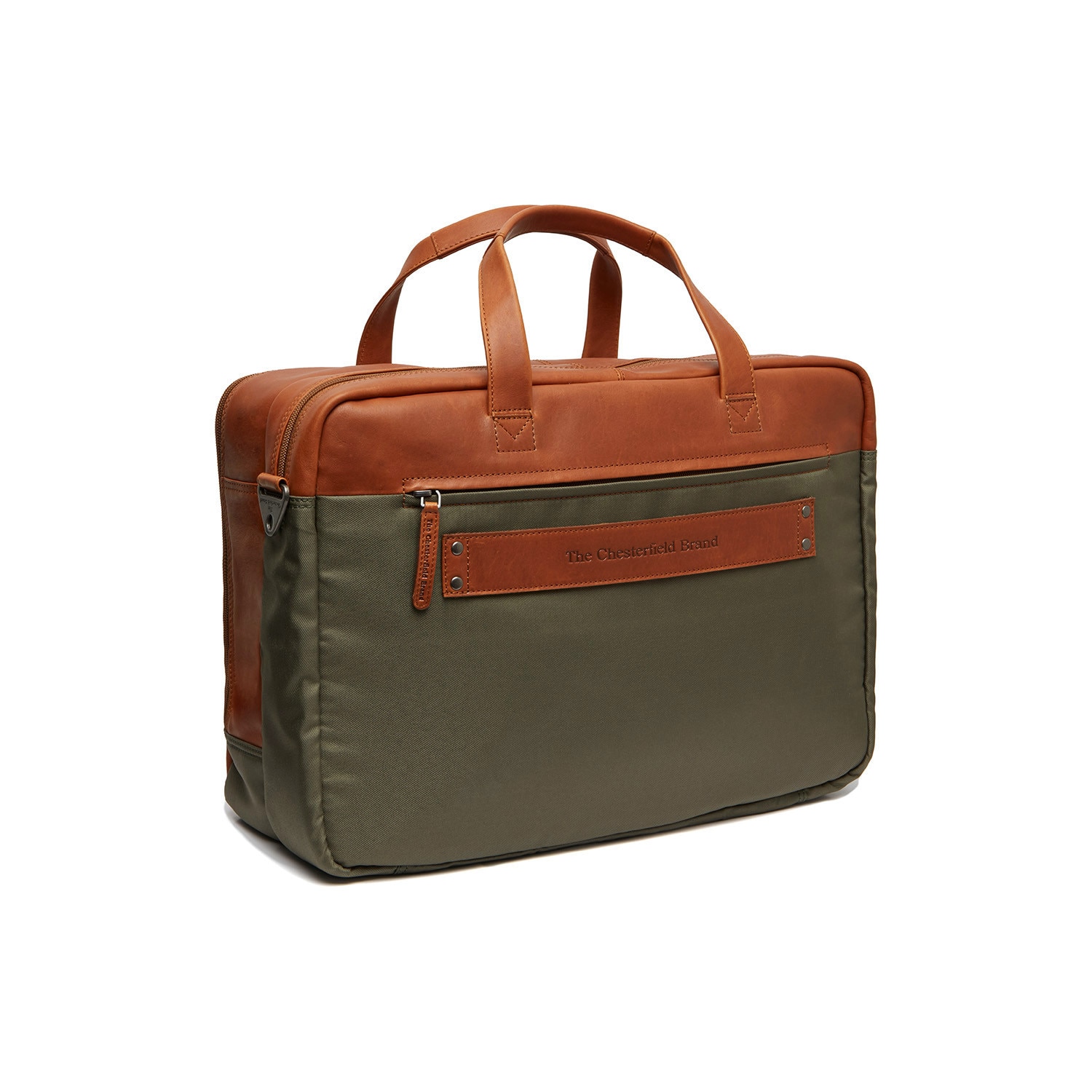 Geanta pentru laptop de 17 inch, din piele naturala si nylon, The Chesterfield Brand, Nivano, Verde olive