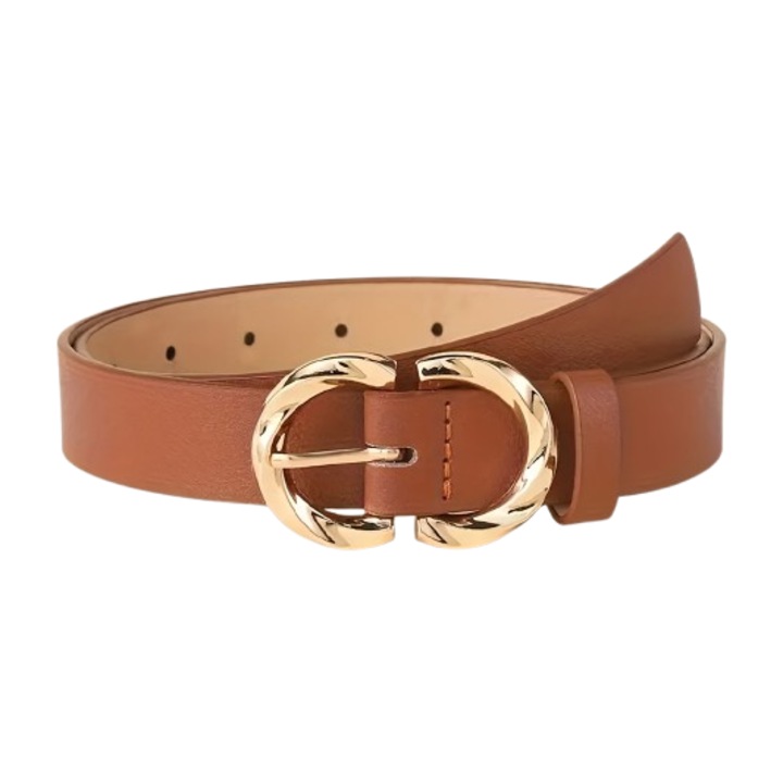 Curea din piele sintetica, catarama metalica aurie, model 2 semicercuri, culoare maro, lungime 102 cm