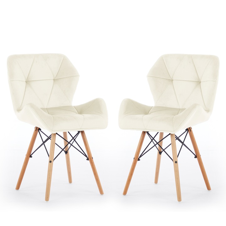 Set 2 scaune dining Korser, tapitate, catifea, spatar solid, 55x55x70cm, bej